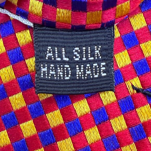 Ben Silver Mens Red & Yellow Silk Handmade Checkered Tie - Picture 3 of 8
